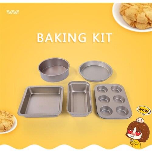 5 PCS Carbon Steel Bakeware Kit, 8 Inch Cake Mold, 6 Cavity Toast Mold Ovenware Set for Egg Tarts, Biscuits