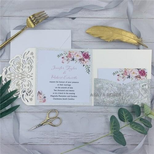 Glitter Silver Floral Pocket Laser Cut Wedding Invitations With Respond Card And Belly Band