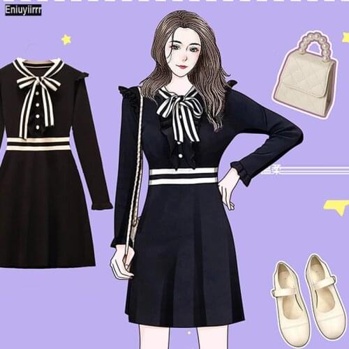 Black bodycon Knitted Sweater Dress Women Winter Autumn Bow Tie Striped Rib-Knit Long Sleeve Ladies Mini Elegant Pencil Dresses