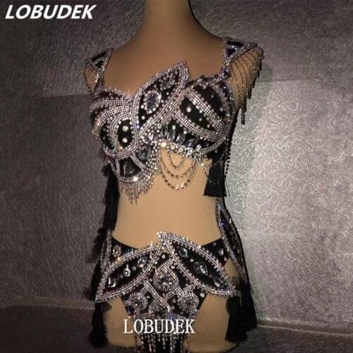 Black Full Rhinestones Tassel Fringe Bikini Sexy Female Singer Dane Team Performance Clothes DJ Models Catwalk Bra Shorts Set