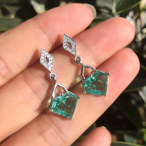 Geometric White zircon green Crystal pendent Earrings For Women Gift silver color plated bohemian Fashion CZ jewelry accessories