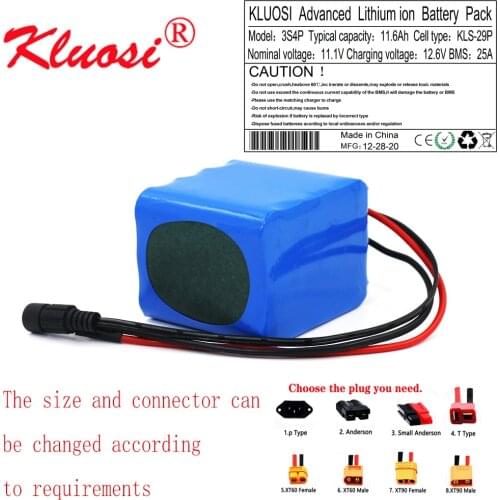KLUOSI 12V 11.6Ah 12Ah 3S4P High Capacity 12.6V Li-ion Battery Pack with 25A BMS for LED Lamp Light Backup Power Electrical Tool
