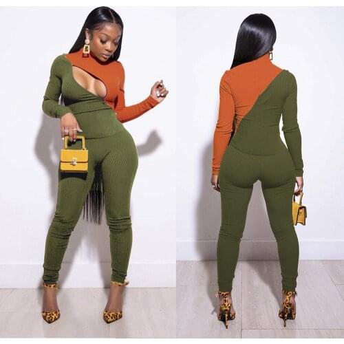 Sexy Women Jumpsuit Frint Open Up Zipper Color Patchwork Skinny knit ribbed Playsuit Clubwear Party Night Romper Overall Women