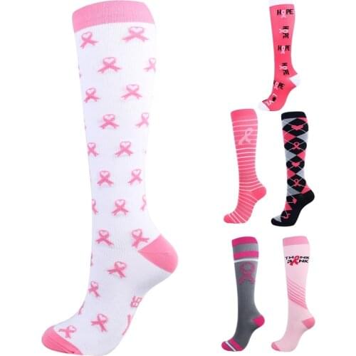 Women Men AIDS Logo Compression Socks Pink Ribbon Print Knee High Tube Hosiery Y1QD