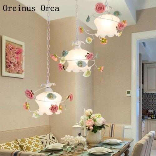 Korean idyllic LED flower and grass chandelier living room corridor dining room European romantic pink rose Chandelier