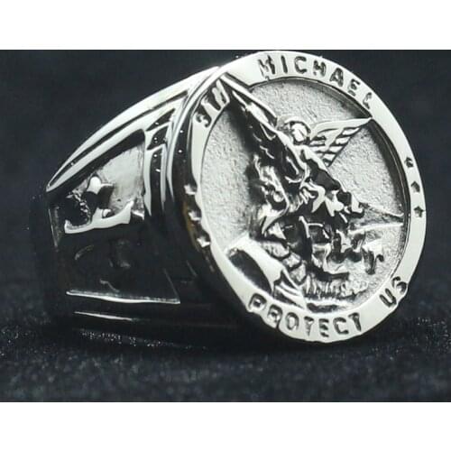 Newest Unisex 316L Stainless Steel Cool Cross Saint Michael Protect US No black Oil Ring