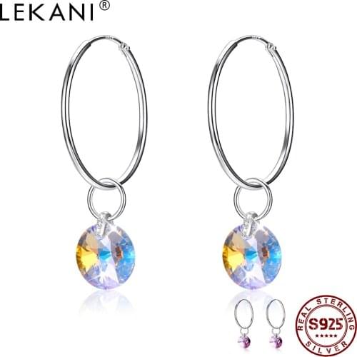 LEKANI S925 Sterling Silver Earrings For Women Circle Colorful Austria Crystal Hanging Hoop Earring Female Fine Jewelry Gift