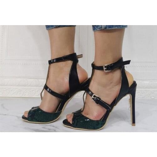 Linamong Summer Woman Fashion Green Python Buckle Strap Sandals Ladys Peep Toe Cuts Out Stiletto Heels Party Dress Shoes