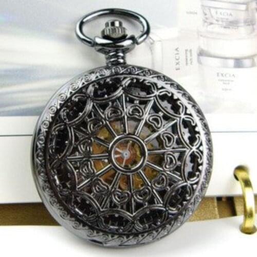 Black hand wind antique hollow web mechanical pocket watch 4.5cm for mens necklace wedding