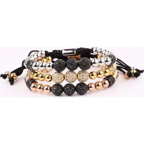 New Design Bracelet Men Jewelry Gold Plated Stainless Steel Beaded CZ Pave Ball Charm Macrame Adjustable Bracelet Men