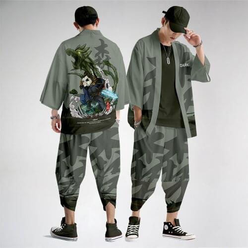 Japanese Style Kimono Sets Short-Sleeve Kimono Pants Two Piece Men Tops Trousers Male Japan Harajuku Yukata Cardigan Costume