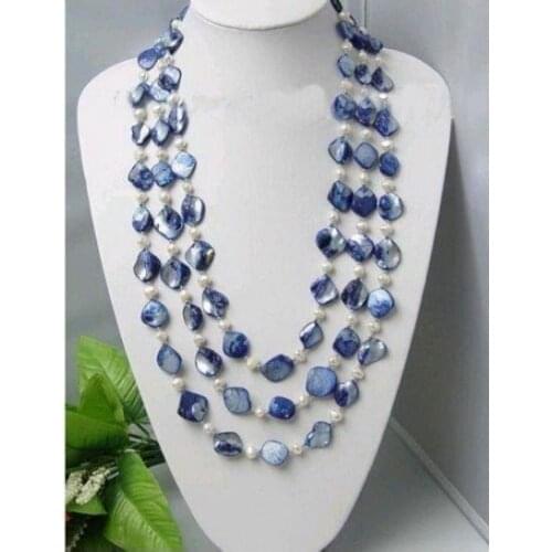 White Freshwater Pearl Blue Mother Shell Necklace 60" AKOYA Free shipping