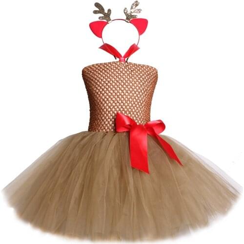 Brown Deer Tutu Dress Cute Animal Halloween Costume for Kids Purim Festival Christmas Birthday Party Dress Girls Clothes 2-12Y