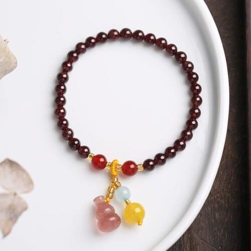 Strawberry Crystal Gourd Pendant 5mm Natural Garnet Agate Stones Beaded Bracelets for Women Fine Jewelry Christmas Gifts YBR598