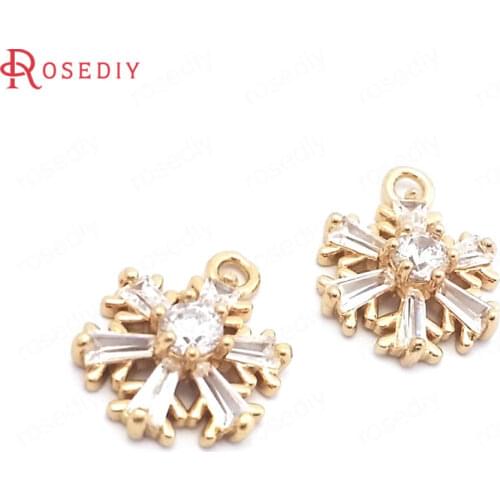 38388)6PCS 11MM 24K Champagne Gold Color Brass and Zircon Snowflake Charms Pendants High Quality Jewelry Findings Accessories