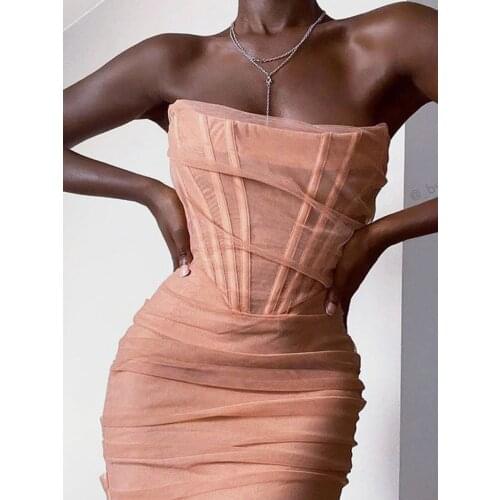 SRUBY Pink Mesh Strapless Sexy Bandage Womans Midi Night Club Dress Dress Party Dress Bodycon Lining Bodycon Dress In Summer