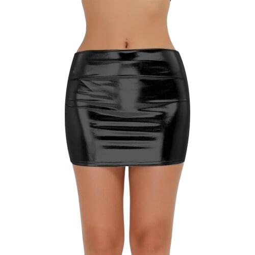 Women Faux Leather Wetlook Super Mini Skirt Ladies Bandage Hip Bodycon Pencil Skirts Metallic Shiny Sexy Club Rave Pole Dance