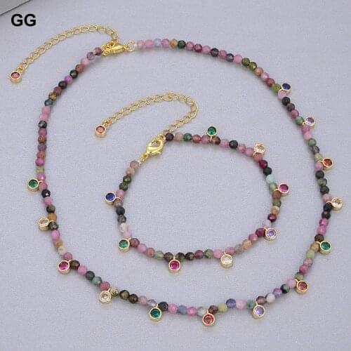 GuaiGuai Jewelry Natural AA 4mm Faceted Rondelle Tourmaline Colorful CZ Crystal Necklace Bracelet Sets For Women