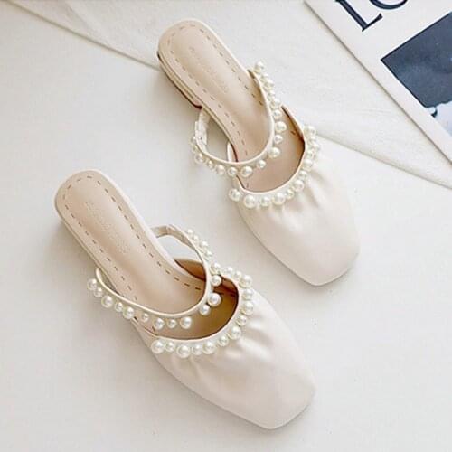 Pearl toe cap slippers ladies, low heel Muller sandals elegante metade chinelos