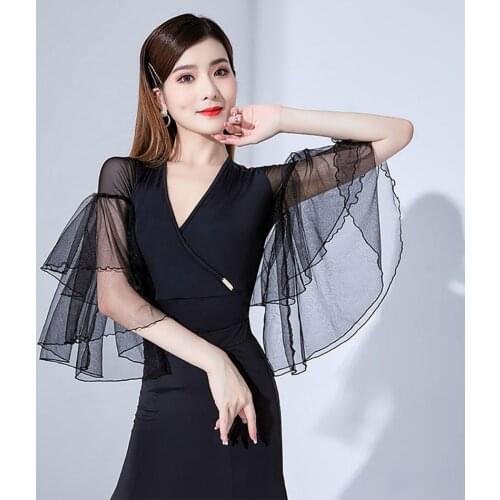 L21164A Latin Dance Bodysuit Women Lotus Sleeve Patchwork Latin Dance Tops for Modern Ballroom Dancing Performamnce