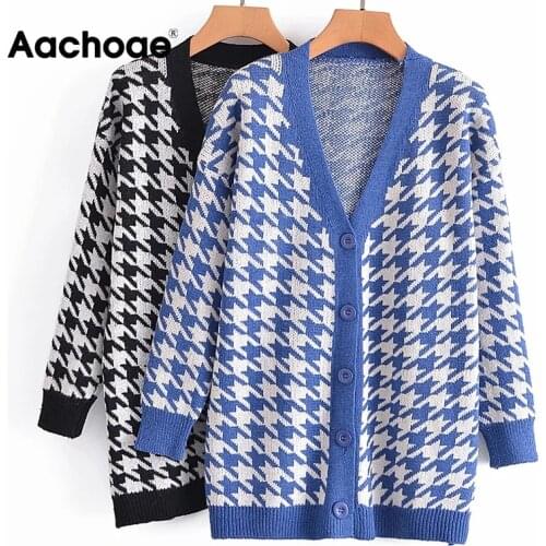 Aachoae Ladies Cardigans Women Houndstooth Long Sleeve Loose Cardigan Sweater Autumn Winter V-Neck Single Breasted Outerwear Top