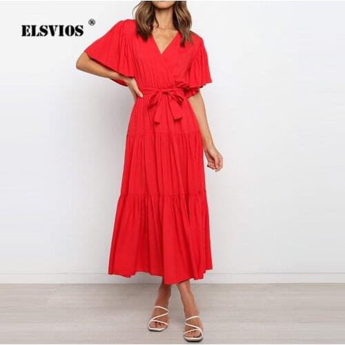 Flare Short-Sleeve Fashion Women Solid Color Long Dress Summer Office Lady Casual V-Neck Belt Loose Pleated Big Pendulum Dresses