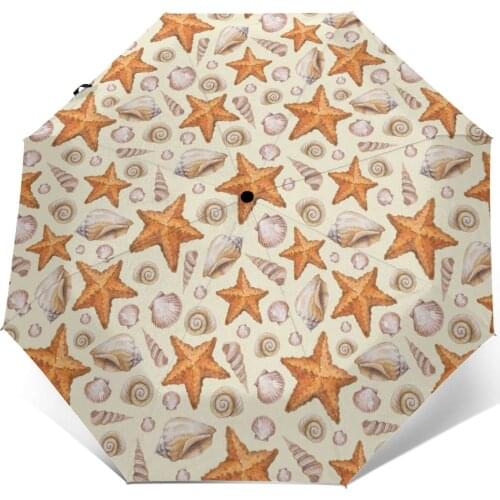 Automatic Umbrella Artistic Pattern With Watercolor Shells And Sea Stars three-fold umbrella women men rain umbrella