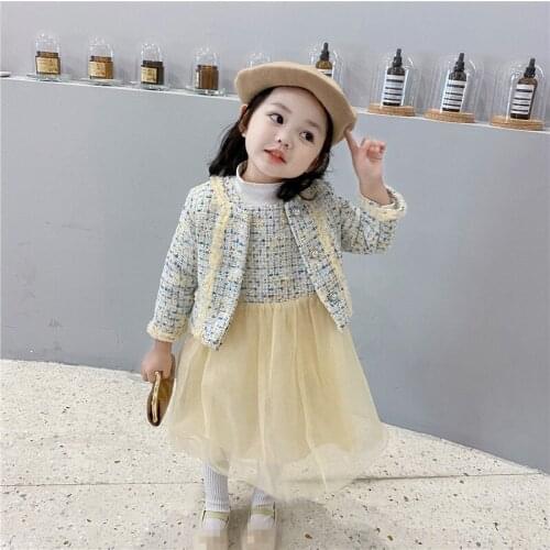 DFXD 2021 Spring Elegant Princess 2PC Sweet Kids Girl Clothes Set Wedding Party Suit Fashion Cardigan Coat+Lace Mesh Vest Dress