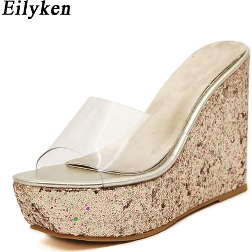 Eilyken 2021 New PVC Transparent White Silver Gold Pink Ladys Slipper Platform Heel Slides Open-Toe Wedge Slipper shoes
