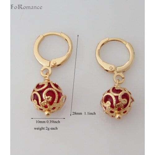Foromance- YELLOW GOLD OVERLAY GP DANGLE 1.1" WITH RED DANGLING BALL DIA 0.39" 10MM DANGLE EARRING