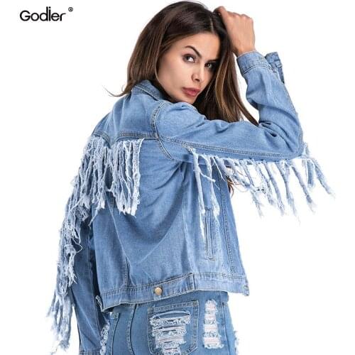 Godier Denim Jacket For Women Tassel Long Sleeve Zipper Bomber Jackets Jeans Coat Female Casual Clothes Korean Plus Size M-5XL
