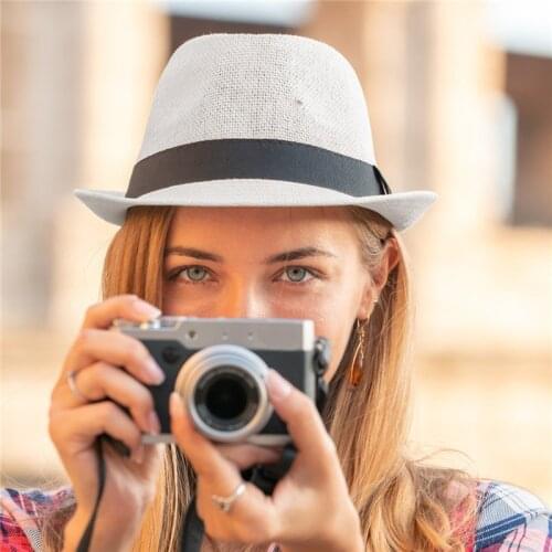 Jovivi 1x Unisex Summer Panama Straw Fedora Hat Short Brim Beach Sun Cap With Black Belt Hats Men Women Jazz Hat Have 4 Colors