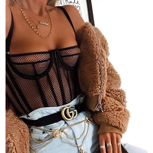 Sexy Sweetown fashion women Bodysuits vertical bar splice sexy Sling perspective jumpsuit Sexy Temptation hollow Mesh Tights