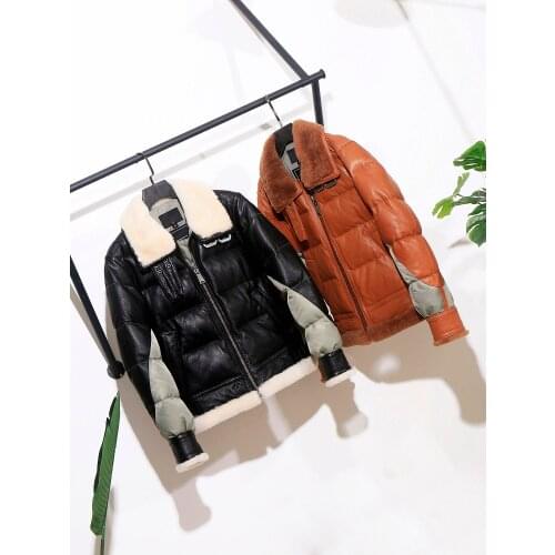 YR!Free shipping.sales.Brand new mens genuine leather jacket.winter warm white duck down coat.Wool.classic B3 style.fur jacket