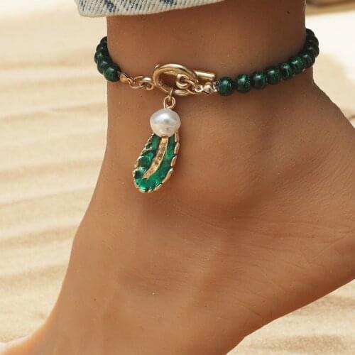 Fashion Vintage Light Luxury Green Stone Beaded Anklet Female Korean Style Simple Personality Creative Design Foot Jewelry