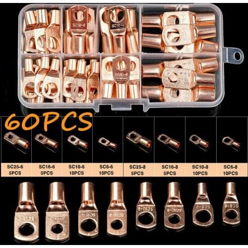 60pcs Copper Tube Terminals Battery Welding Cable Lug Ring Crimp Connectors Kit Ring Terminal With Junction Box Lug