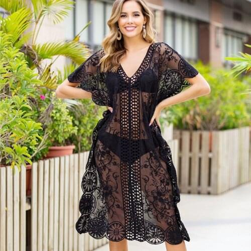 Swimsuit Cover Ups for Women Black White Lace Knitted Beach Dress Long Robe Fishnet Tunic Salida De Playa Mujer 2021 Cove-ups