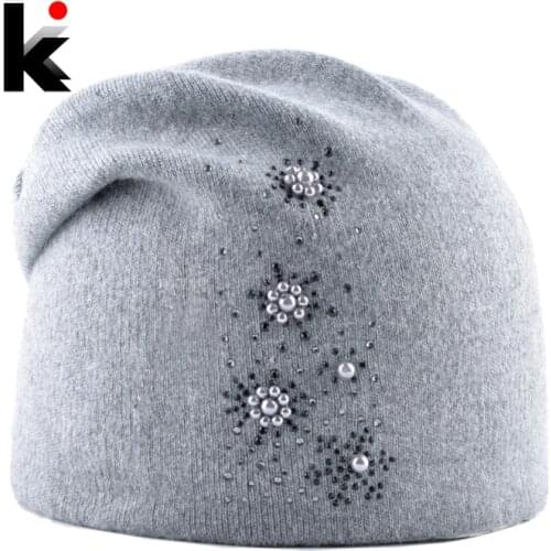 New Hats For Women Autumn Winter Soft Knitted Wool Beanies Hat Ladies Fashion Knitting Rhinestone Pearls Bonnet Caps Female