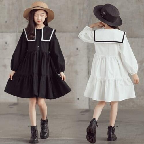 6-16Y 2021 Fall New Korean Girls Turn-down Collar Cotton Long Sleeve Dresses Children Dress Kids Causal Dress Clothing
