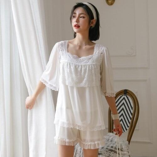 Pajamas Womens Summer Palace Style Modal Short Sleeve Thin Two-Piece Princess Lace Cross Border Foreign Trade Clothing