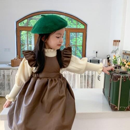 Synthetic Leather Dress for Girl Winter Princess Petal Sleeve Sweet Girls Puff Suspender Dress Kids Clothing 2 4 5 6 7 8 Year