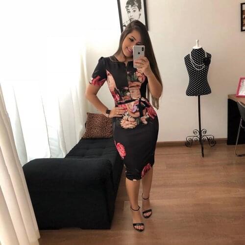 Hirigin Professional Women Elegant Casual Work Business Office Classic O neck Neck belt Printing Patchwork Bodycon Pencil Dress