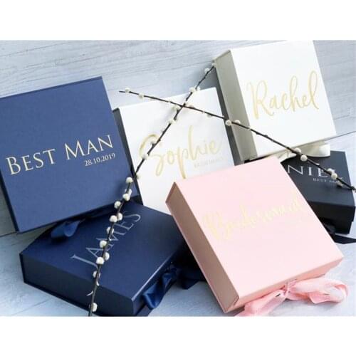 Personalized name navy gold gift Box,custom groomsmen,Will you be Bridesmaid box,wedding birthday favor gift packing satin bow