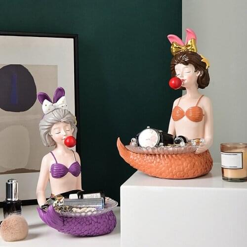Nordic Bubble Mermaid Girl Storage Tray Sculpture Ornament Resin Desktop Sundries Tray Figurines for Home Decor