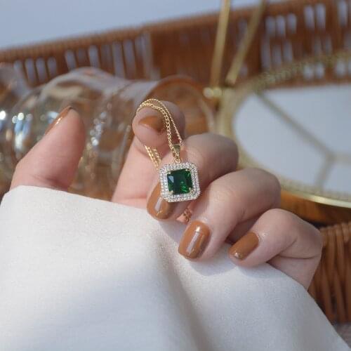 Romantic 14k Real Gold Large AAA Square Green Zircon Necklace Luxury Jewelry Ladies Accessories Wedding Banquet Bride Pendant