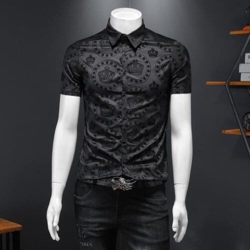 Summer Top Shirts Business Formal Dress Camisa Social Masculina Flower Shirt Luxury Black Crown Flocking Short Sleeve Shirt Men