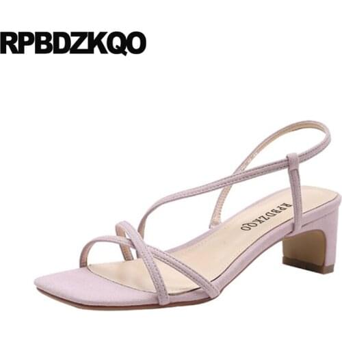 Slingback Roman Vintage Gladiator Sandals Heels High Korean Pumps Thick Suede Strappy Purple Open Toe Women Chunky Shoes Strap