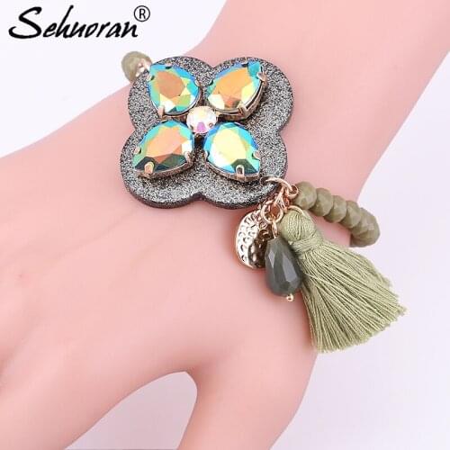 Sehuoran Bracelets & Bangles For Woman Resin Shell Crystal Bead With Crystal Stone Tassel Bohemian Adjustment Crystal Bracelets
