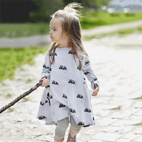 Grey Baby Dress 90-130 Children Clothes Girls Dresses Infant Blouses Long Kids Jumpers 100% Cotton