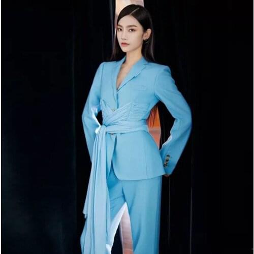 Spring Autumn Womens Luxury Clothing Pants Sets Jacket Unique Elegant Chiffon Belt Design Drape Fabric Straight Pants Elegant